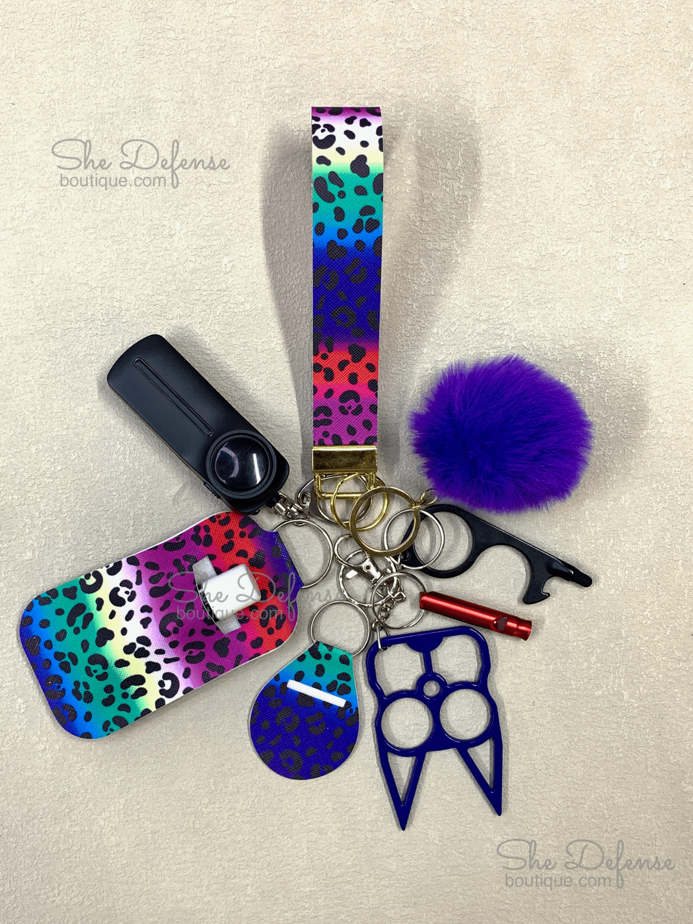 Purple and Blue Leopard. Glitter Faux Leather Self Defense Keychain Set
