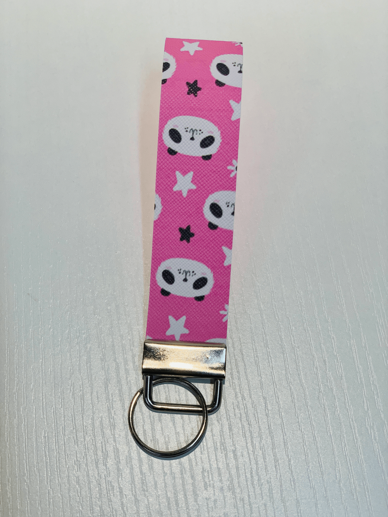 Pink Panda Print Faux Leather Wristlet Keychains, Keyfob 5 inc
