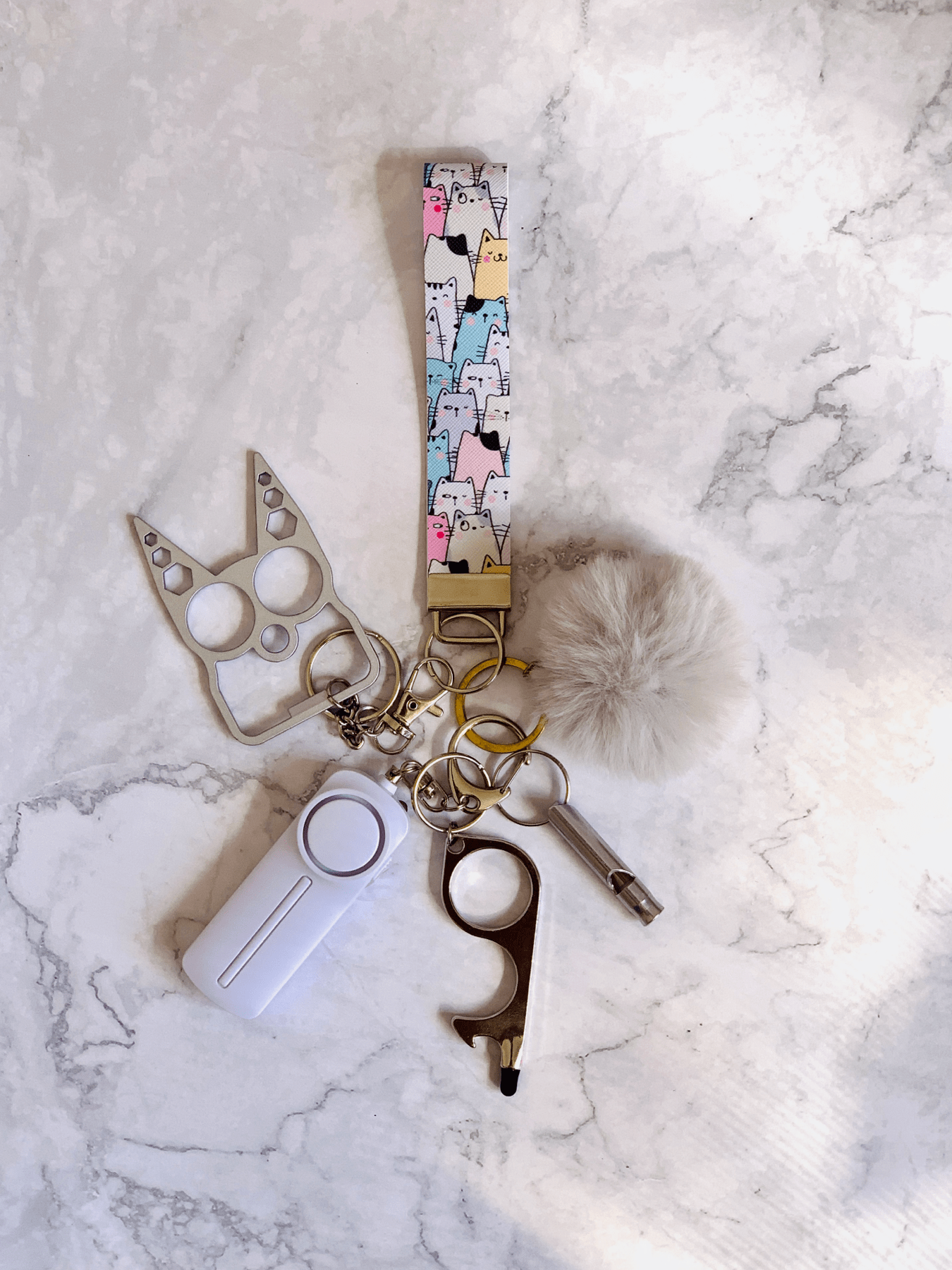Cats Print Faux Leather Self Defense Keychain Set