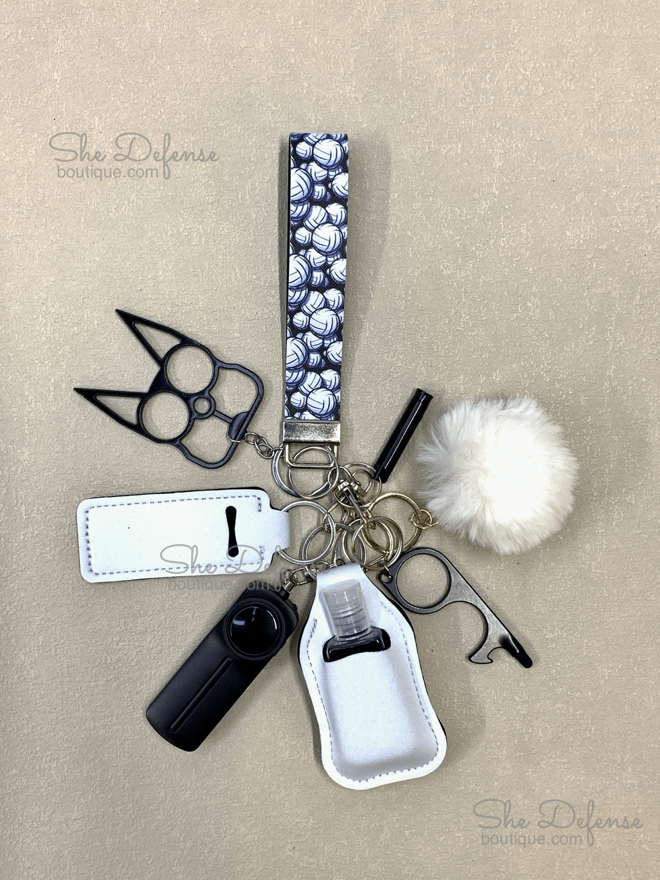 Black and White Volleyball Faux Leather Self Defense Keychain Set