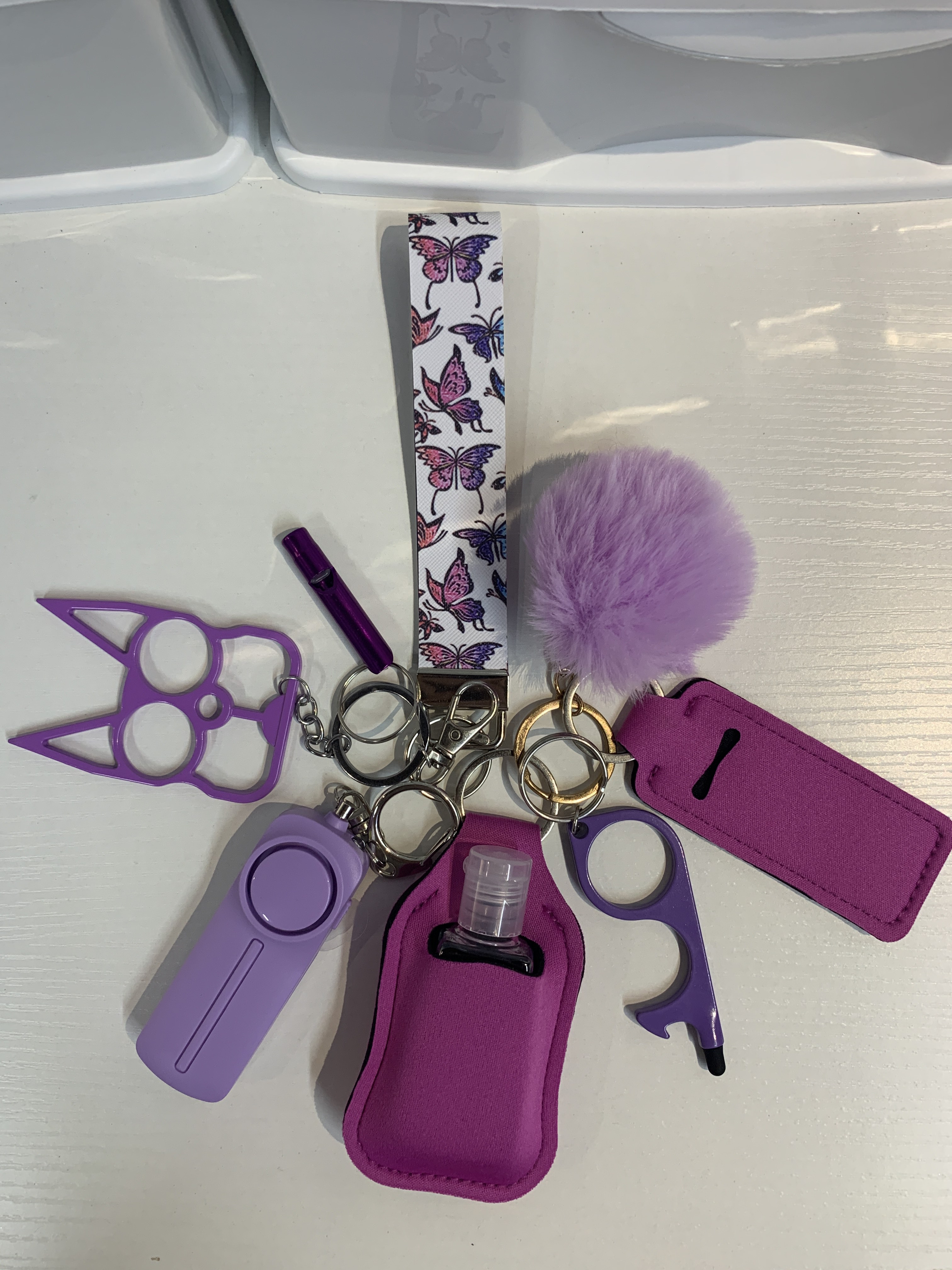 Purple Butterfly Faux Leather Self Defense Keychain Set