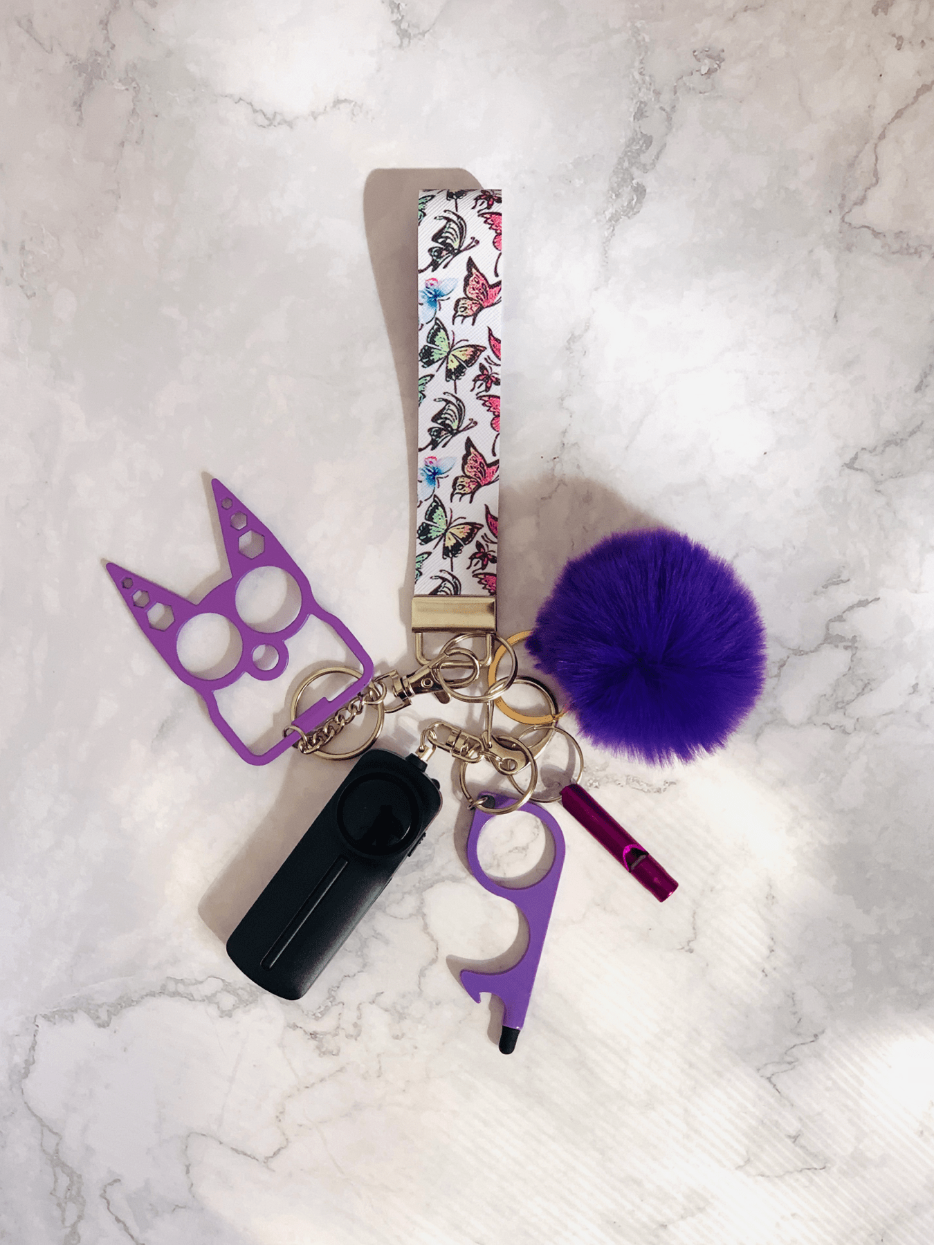 Purple Butterfly Faux Leather Self Defense Keychain Set