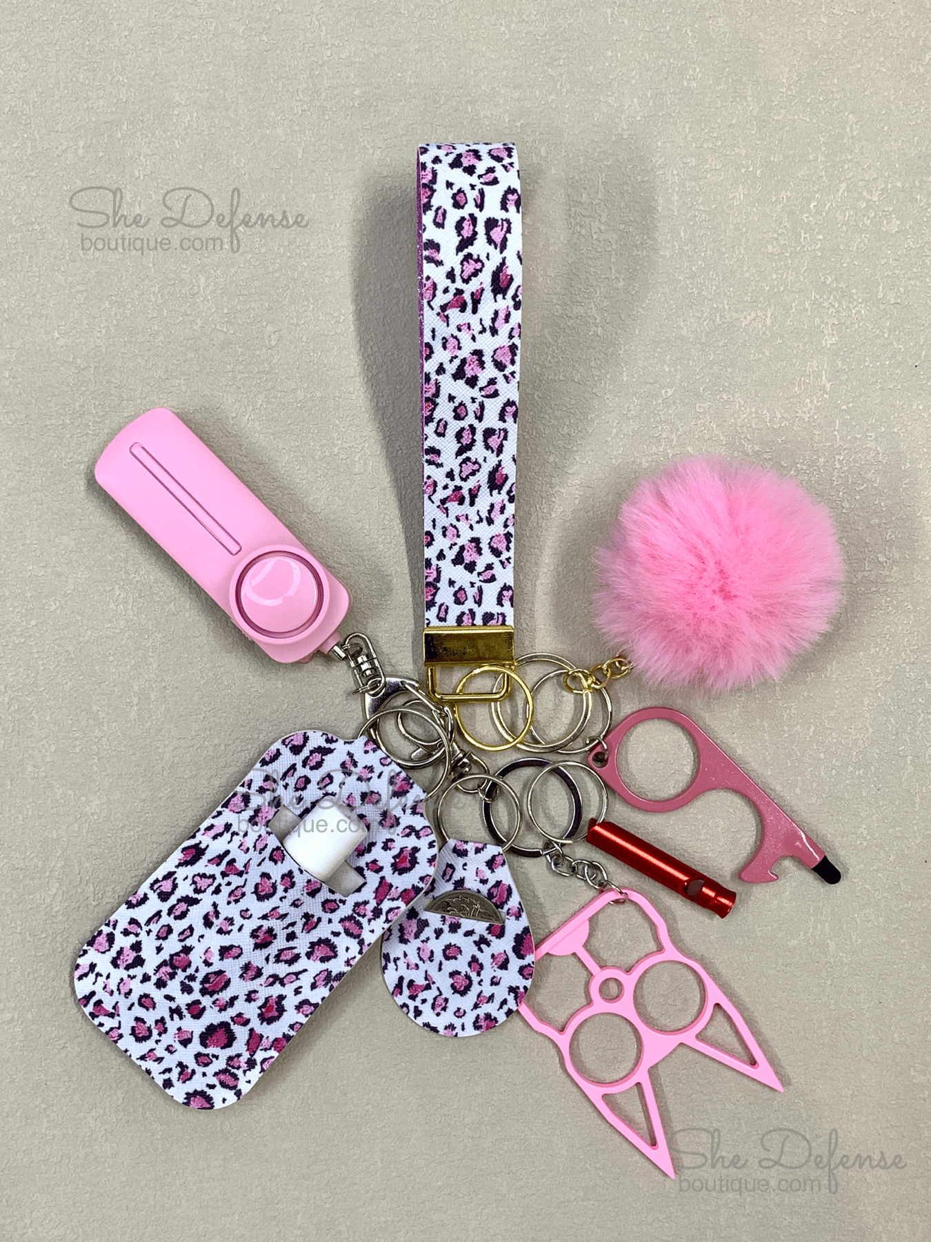 Mini Pink Leopard Glitter Faux Leather Self Defense Keychain Set