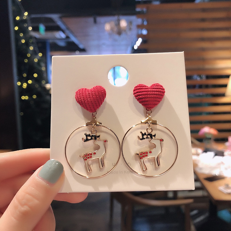 Christmas Round Heart Elk Drop Earrings