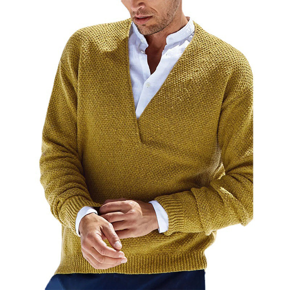 Sparkrhythm Men's V-neck solid color slim-fit pullover sweater