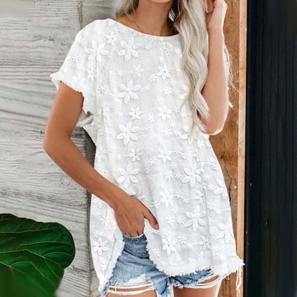 Figcoco Summer New Loose Embroidered Tassel Raw Edge Ladies Short Sleeves