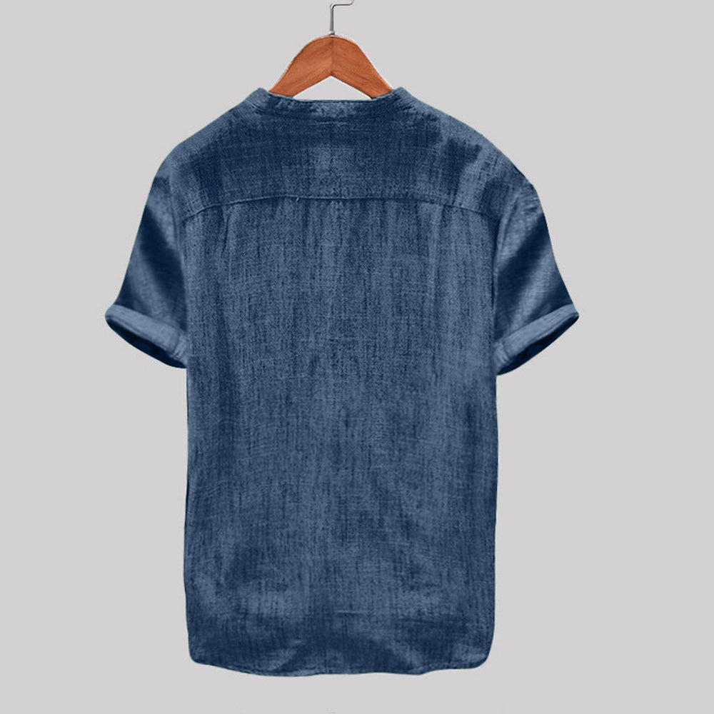 Men's stand collar short sleeve cotton linen shirt