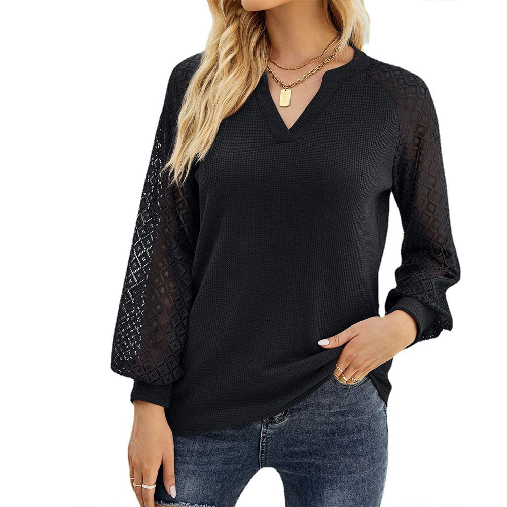 Figcoco Women's V Neck Lace Puff Sleeve Long Sleeve Top