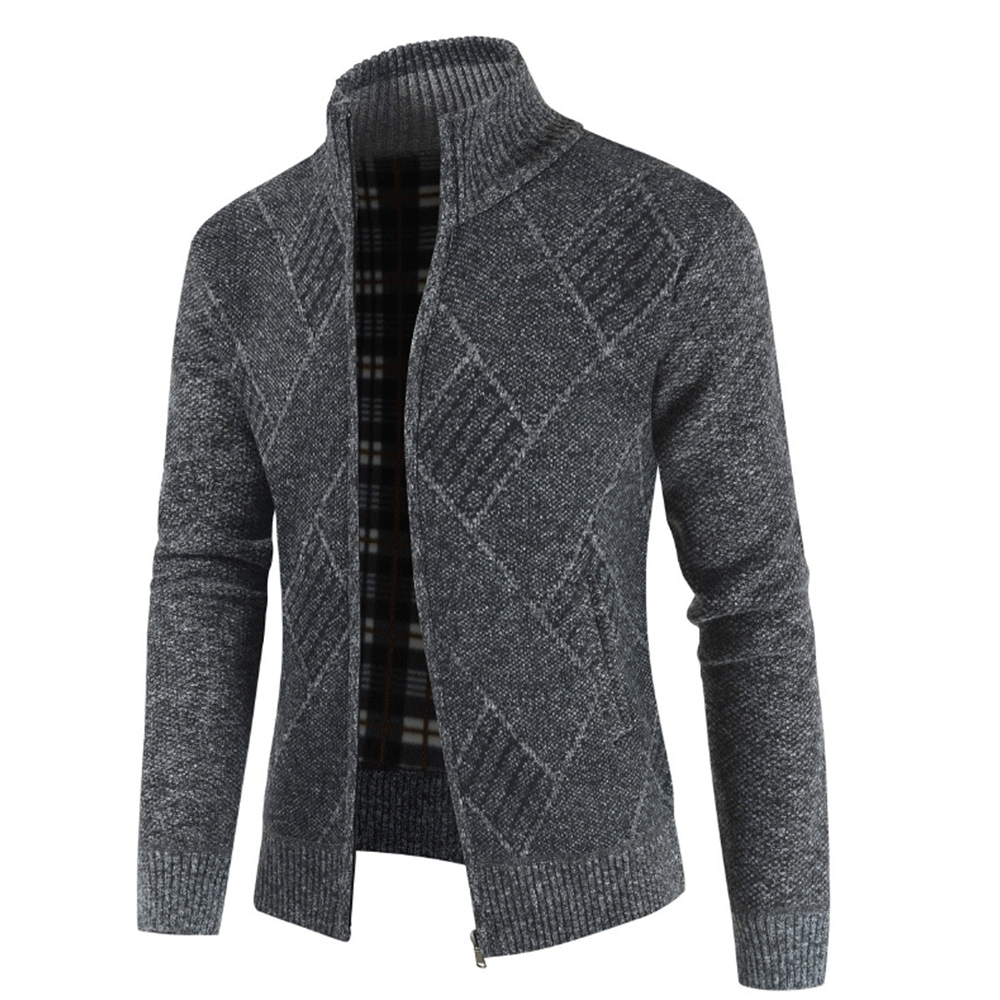 Figcoco Men's Stand Collar Zipper Knitted Jacket Warm Coat Sweater