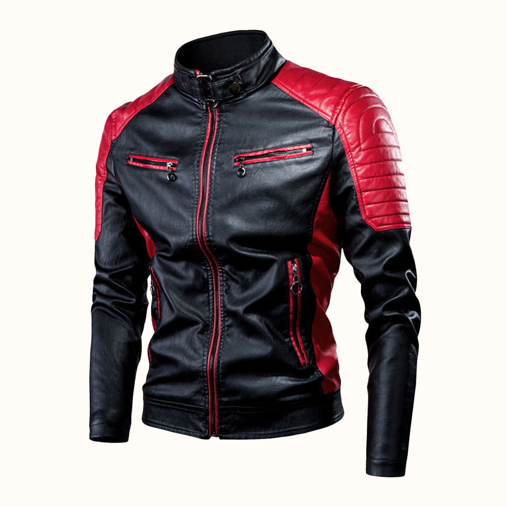 Figcoco Autumn and winter men's retro stitching casual motorcycle leat