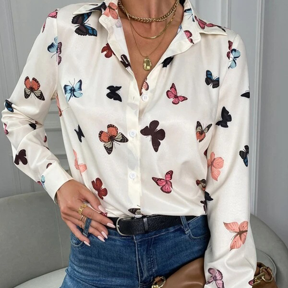 Figcoco New Women's Fashion Butterfly Print Long Sleeve Lapel Shirt