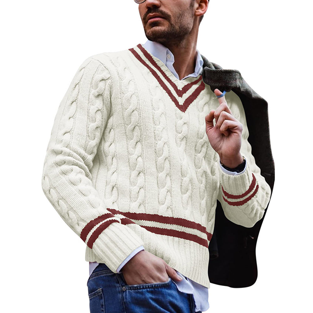 Figcoco Autumn/Winter Men's V-Neck Striped Colorblock Sweater