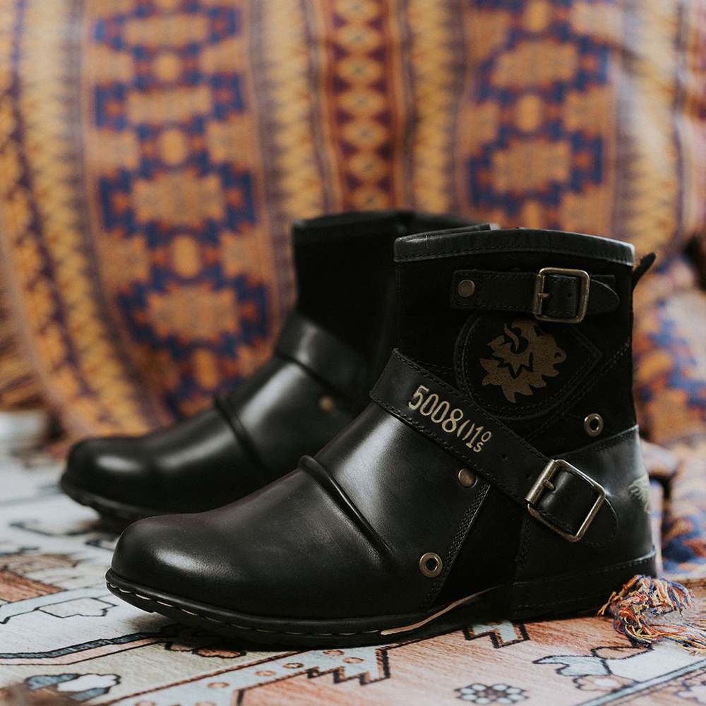 Figcoco Vintage Buckle Side Zip Martin Boots