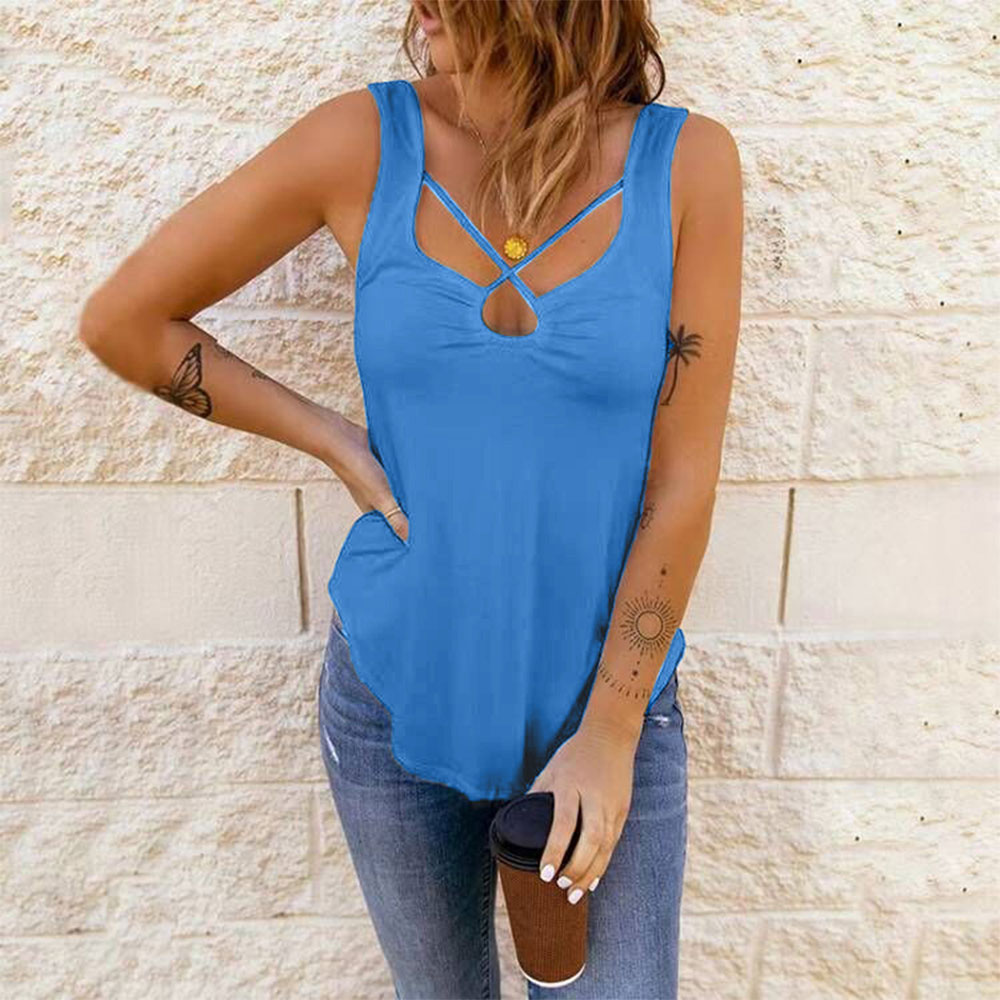 Figcoco Ladies Cross Strap Sexy Solid Color Tank Top 3264