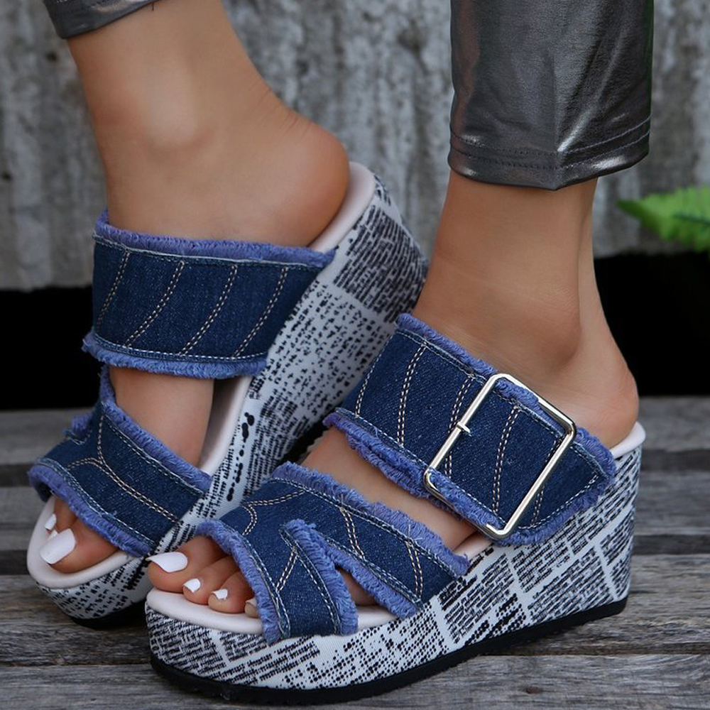 Figcoco Summer new thick-soled slippers printed fish mouth wedge denim sandals