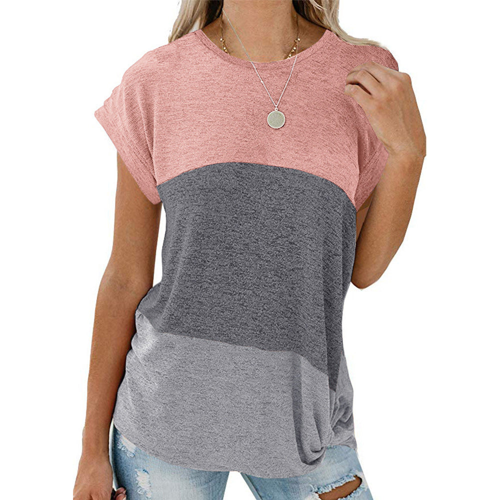Figcoco Summer New Ladies Kink Dolman Sleeve Round Neck Color Matching T-Shirt