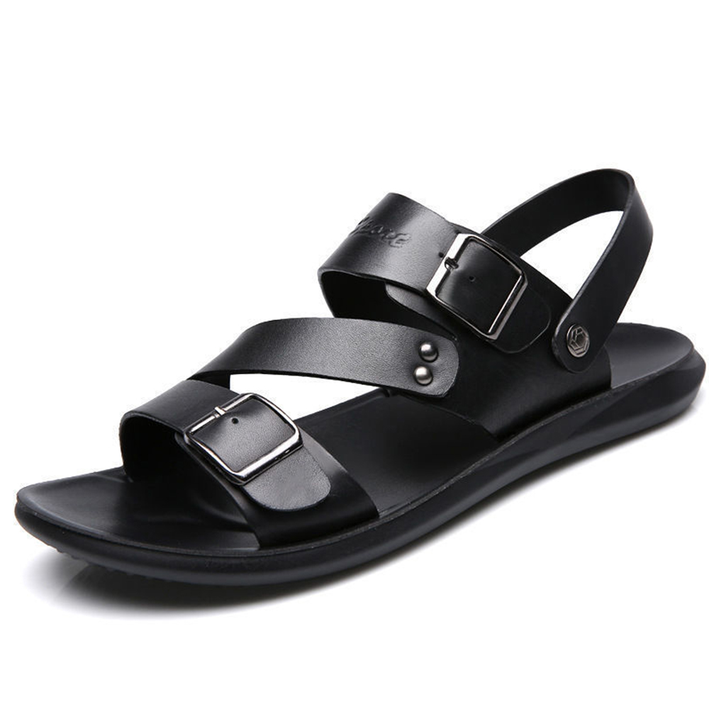 Figcoco Summer new men's double buckle leather beach sandals casual sandals