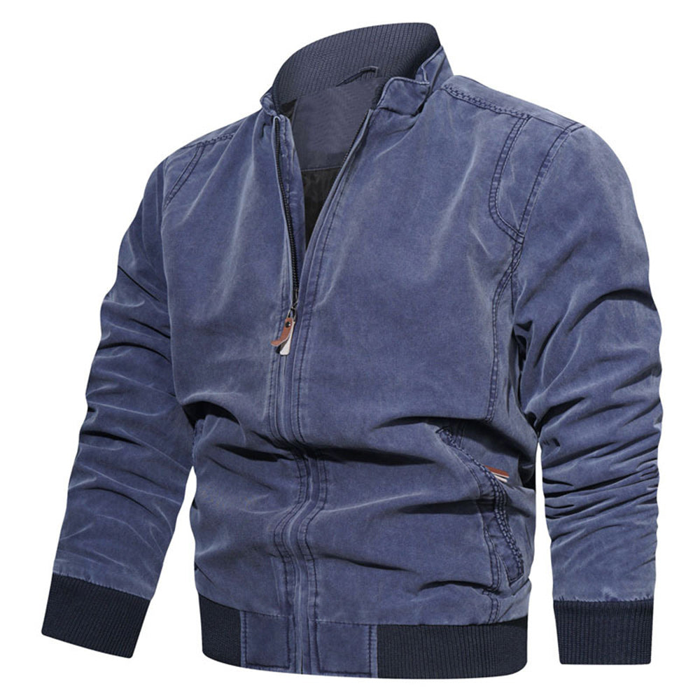 Men's Stand Collar Cotton Solid Color Zip Casual Jacket