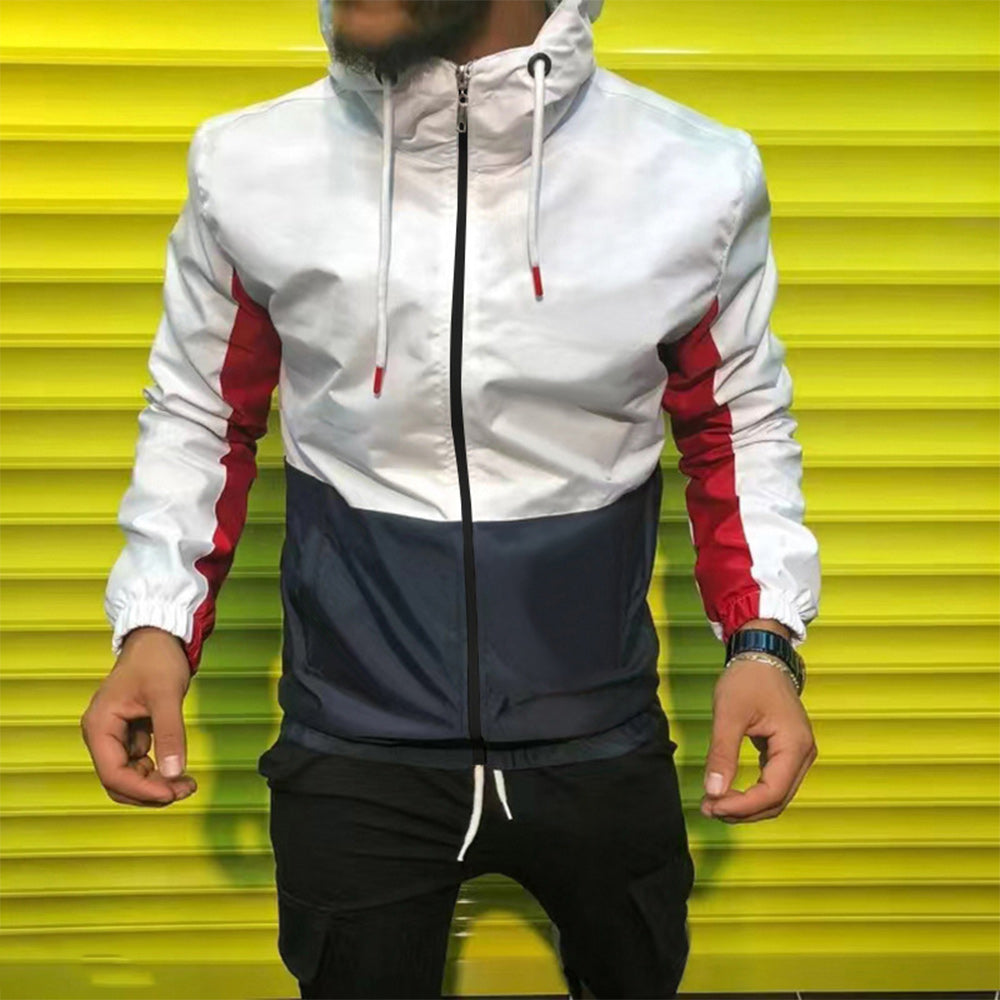 New Men's Fashion Loose Hooded Colorblock Long Sleeve Jacket