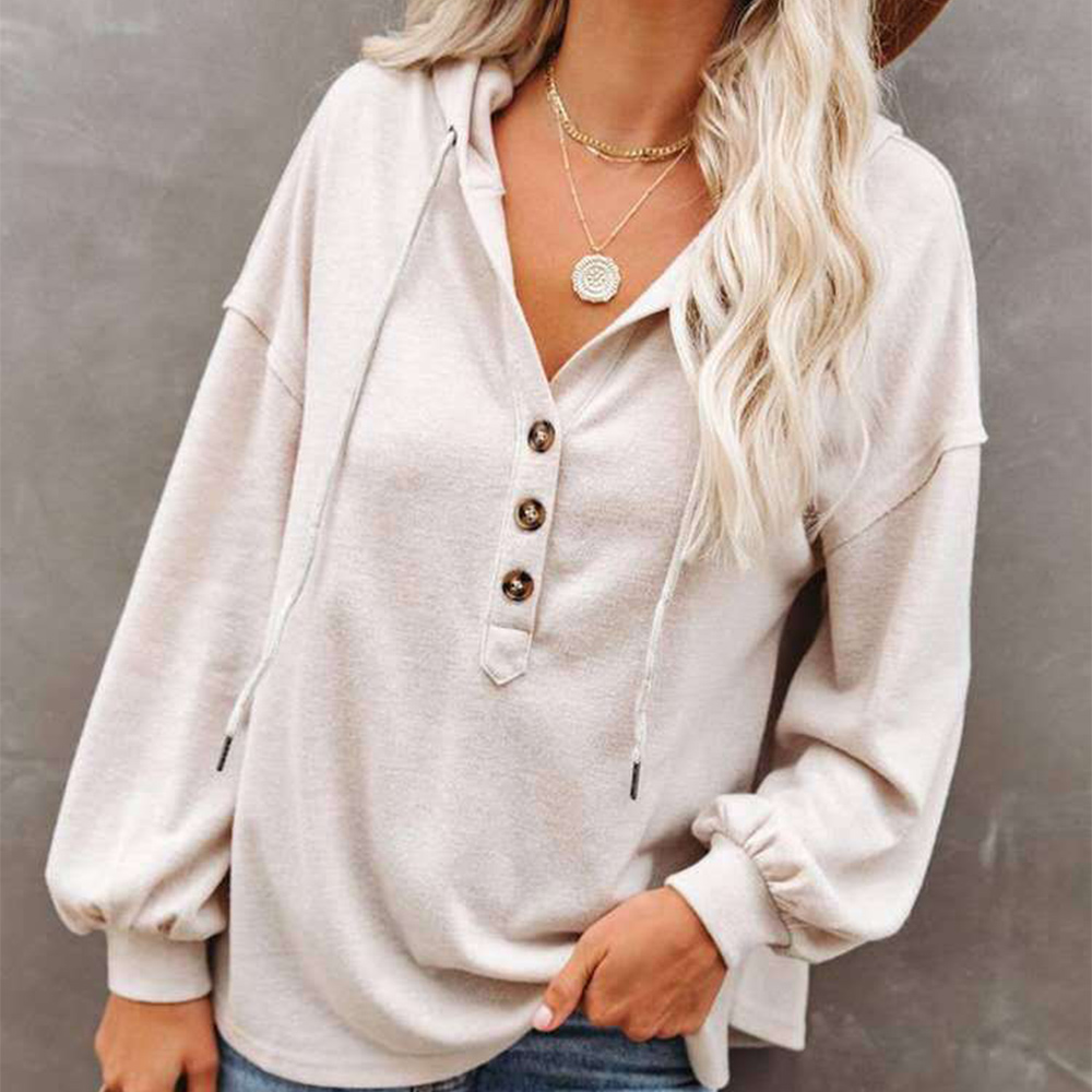V-Neck Ladies Button Loose Casual Hoodie