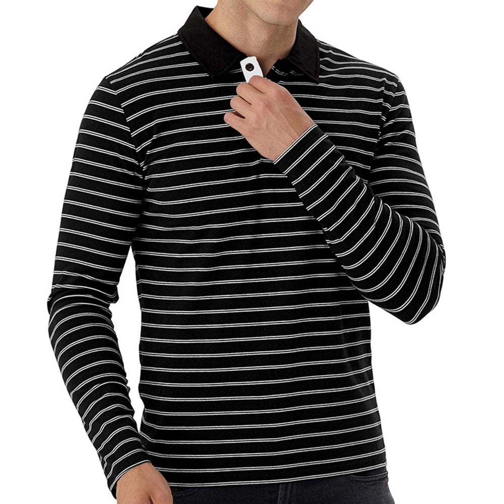 New Men Striped Casual Breathable Long Sleeve Polo Shirt