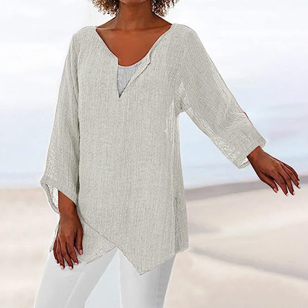 Figcoco Irregular Ladies Solid Color V Neck Cotton Linen Long Sleeve Top