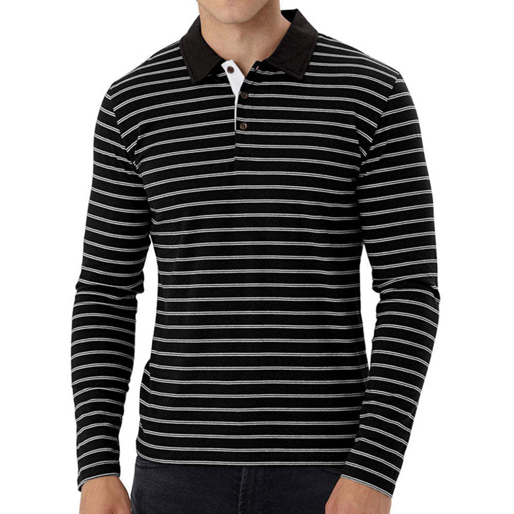 New Men Striped Casual Breathable Long Sleeve Polo Shirt