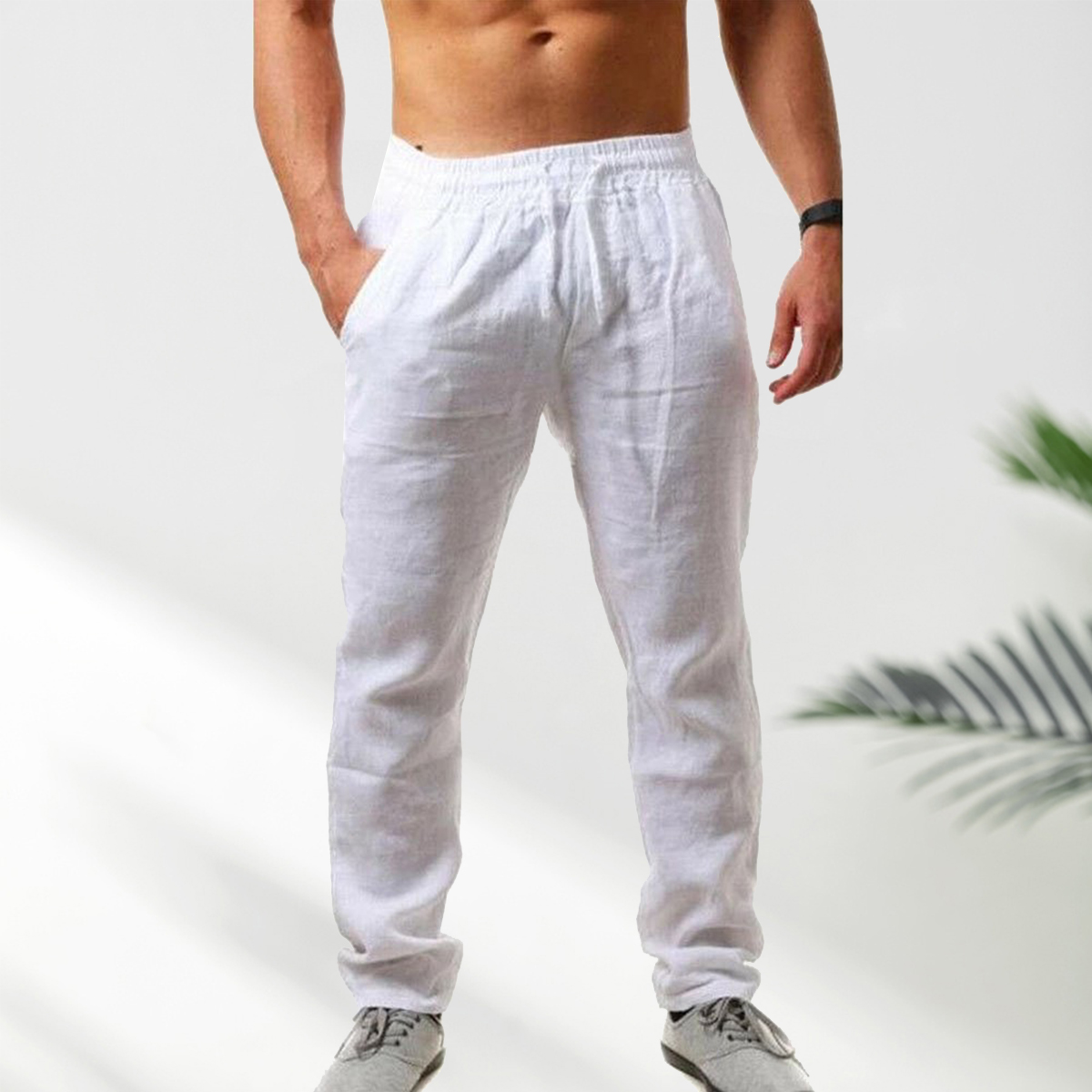 Figcoco Men's New Comfortable Breathable Cotton Linen Solid Color Trou