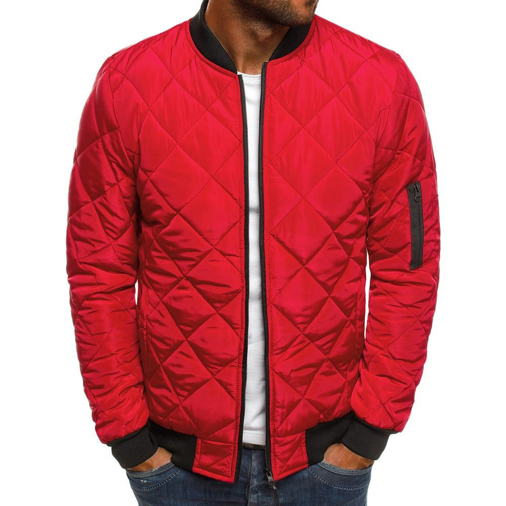 Figcoco Men's Winter Rhombus Plaid Cotton Stand Collar Cotton Jacket