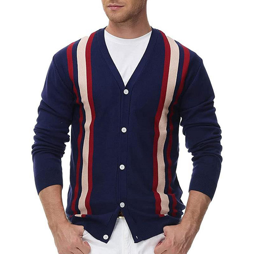Men's Long Sleeve V-Neck Striped Cardigan