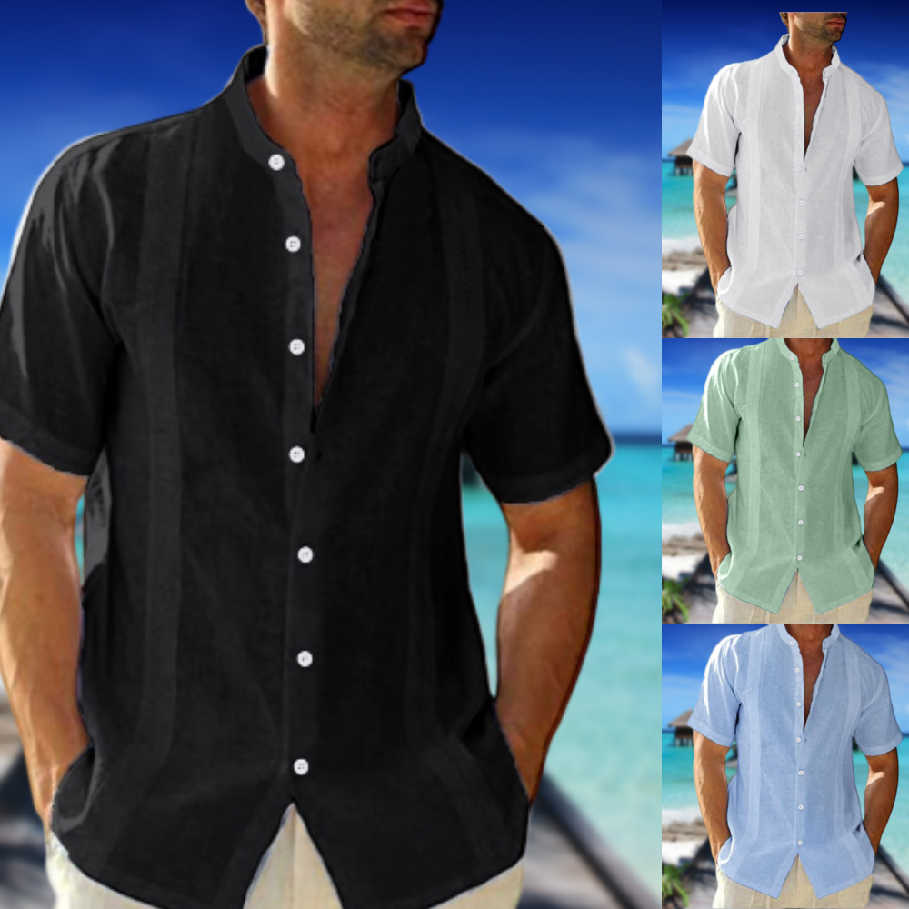 Lodowylabedz Nowa męska bawełniana lniana koszula na co dzień ze stójką i krótkim rękawem