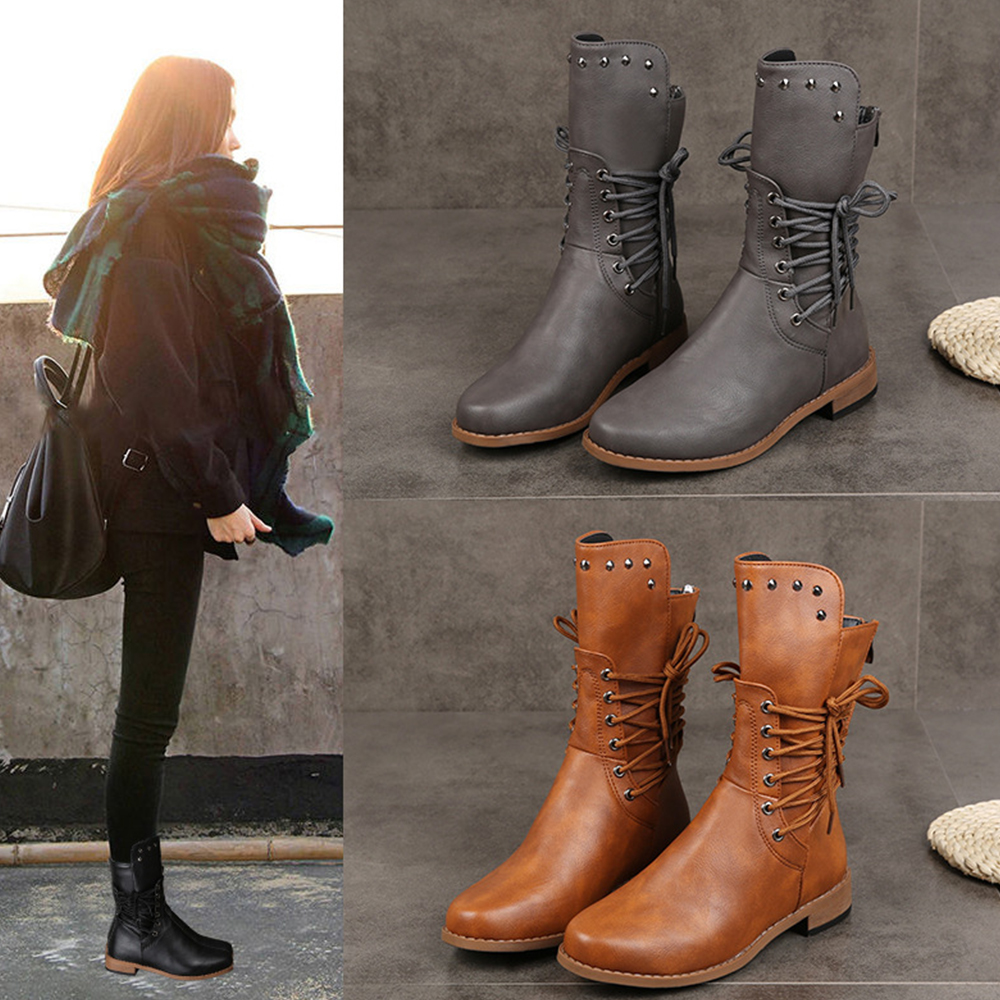 Lodowylabedz Damskie skórzane buty do połowy łydki w nowym stylu, w jednolitym kolorze, zapinane z tyłu