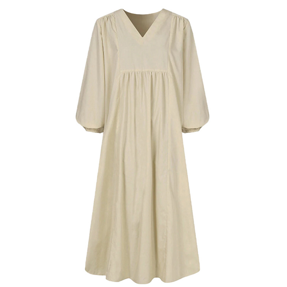 Lodowylabedz Nowa luźna sukienka z długimi rękawami z bawełny i lnu z dekoltem w szpic