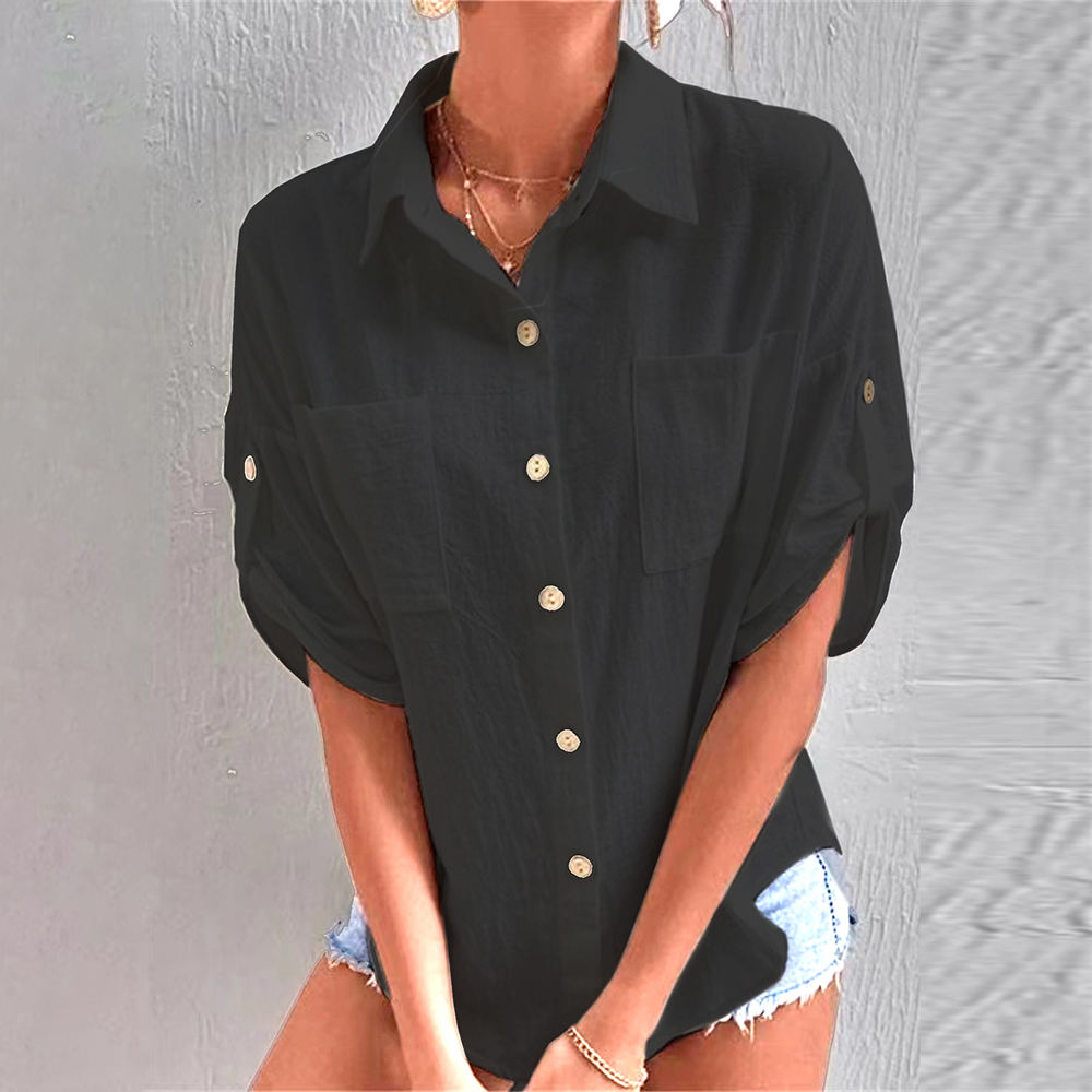 Lodowylabedz Damska lniana koszula z kieszeniami i klapami