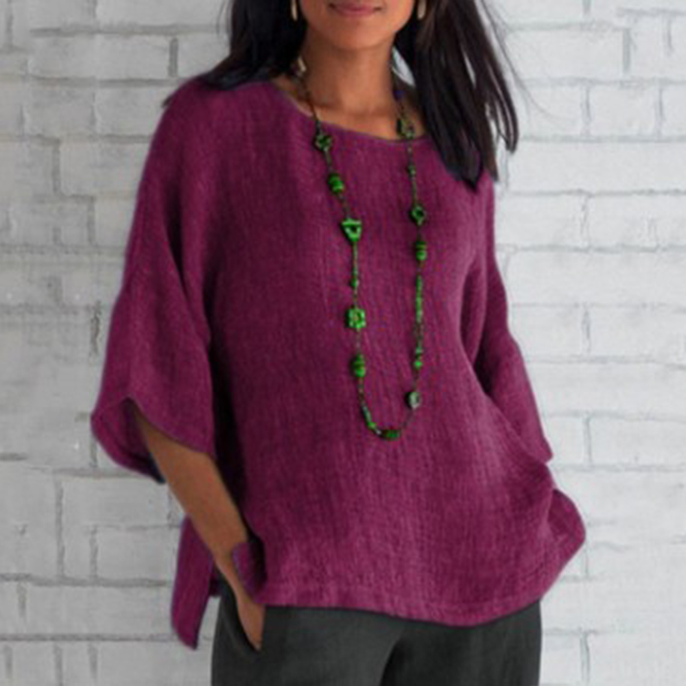 Lodowylabedz Lniano-bawełniany top koszulowy z okrągłym dekoltem i rękawami 3/4