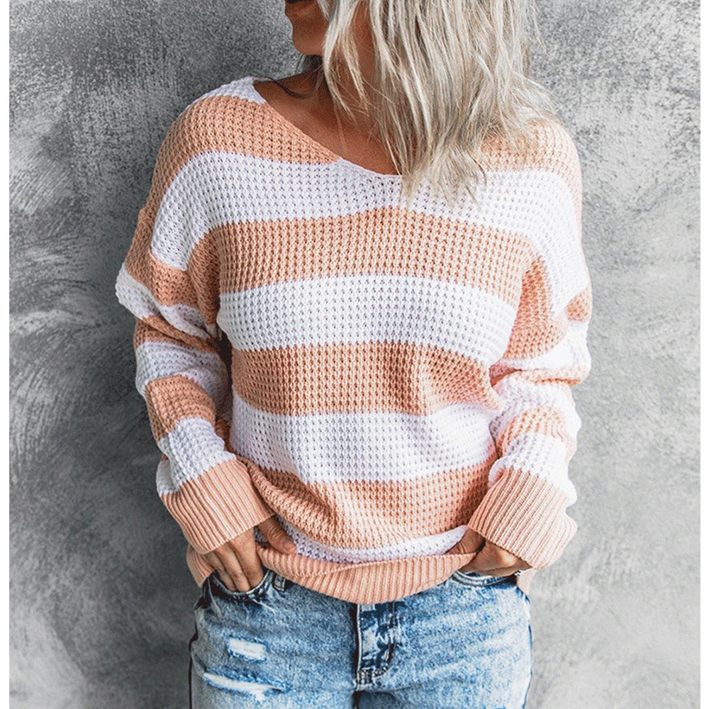 Jesienna i zimowa nowa bluza w paski, sweter z dzianiny z dekoltem w serek