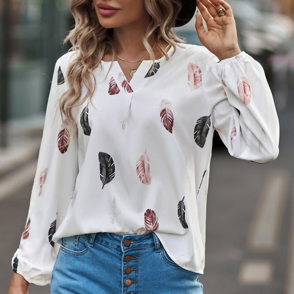 Fulhope Women's new fashion feather print v-neck long sleeve t-shirt