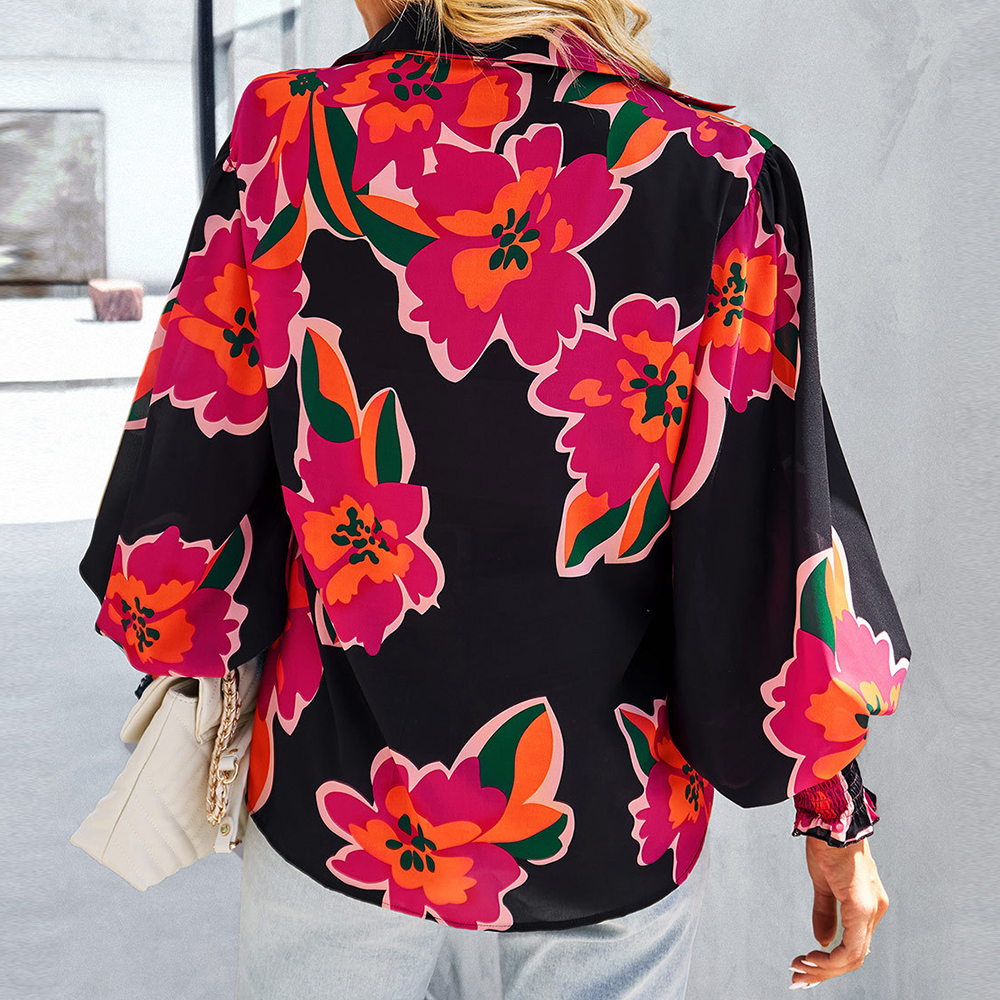 Damska czerwona czarna koszula w kwiaty