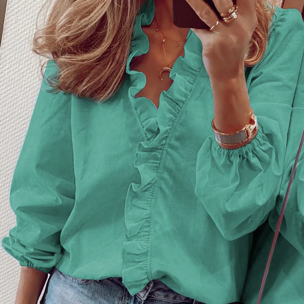 Lodowylabedz Wiosenna i letnia nowa koszula z długimi rękawami z dekoltem w szpic