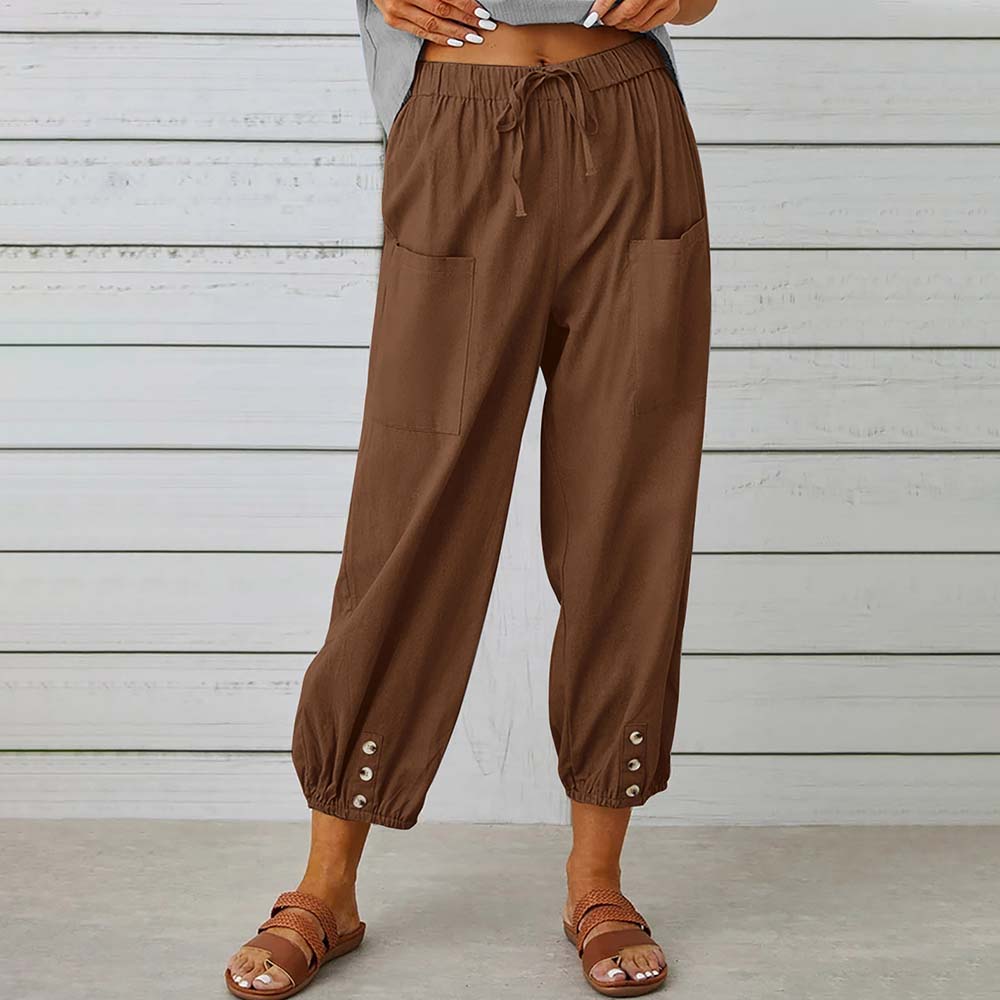 Lodowylabedz Spodnie damskie z szerokimi nogawkami, zapinane na guziki, z bawełny i lnu
