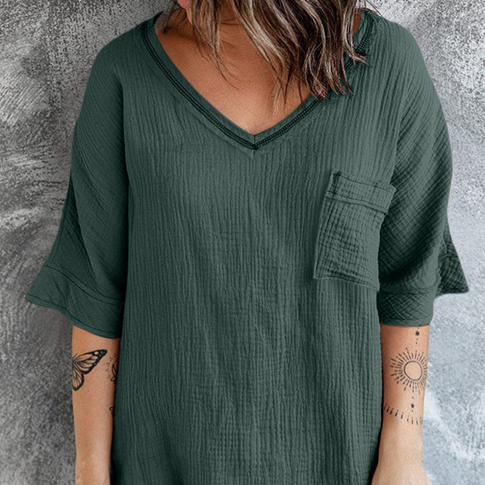 Modne jednokolorowe krótkie rękawy z dekoltem w szpic