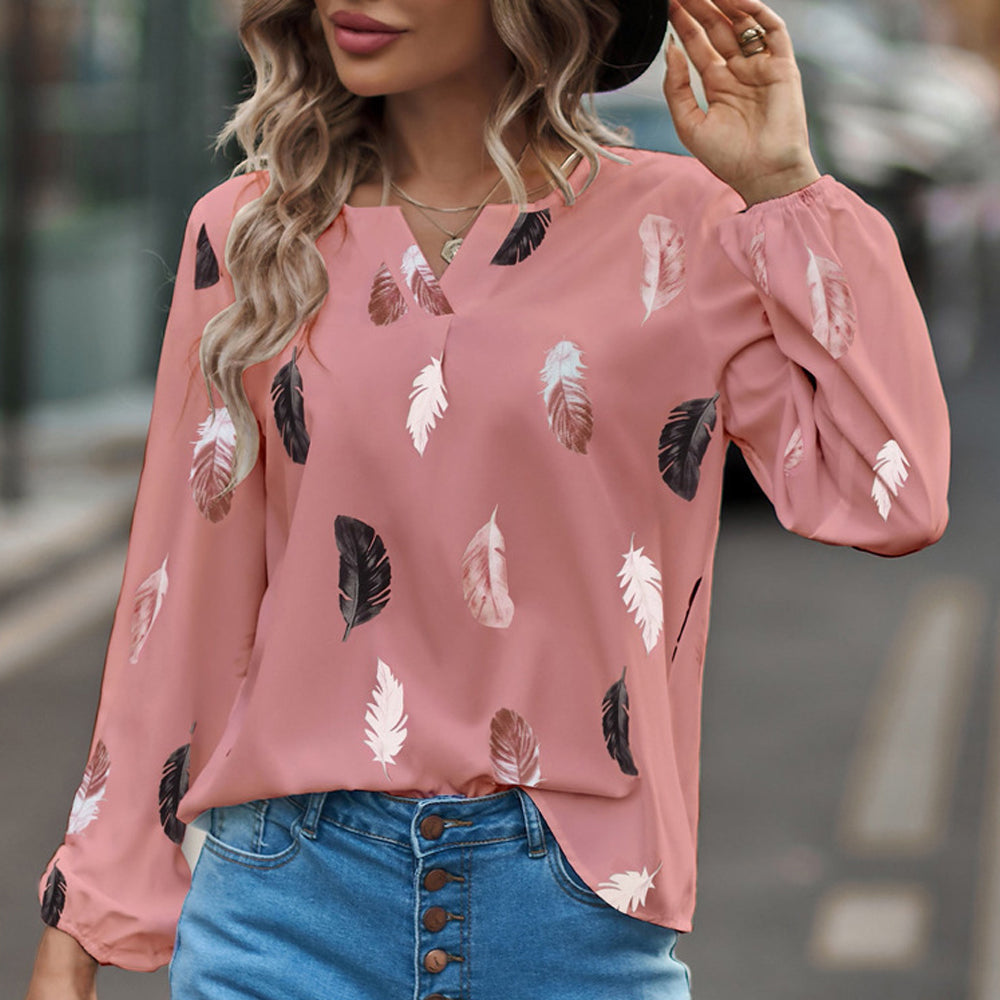 Fulhope Women's new fashion feather print v-neck long sleeve t-shirt