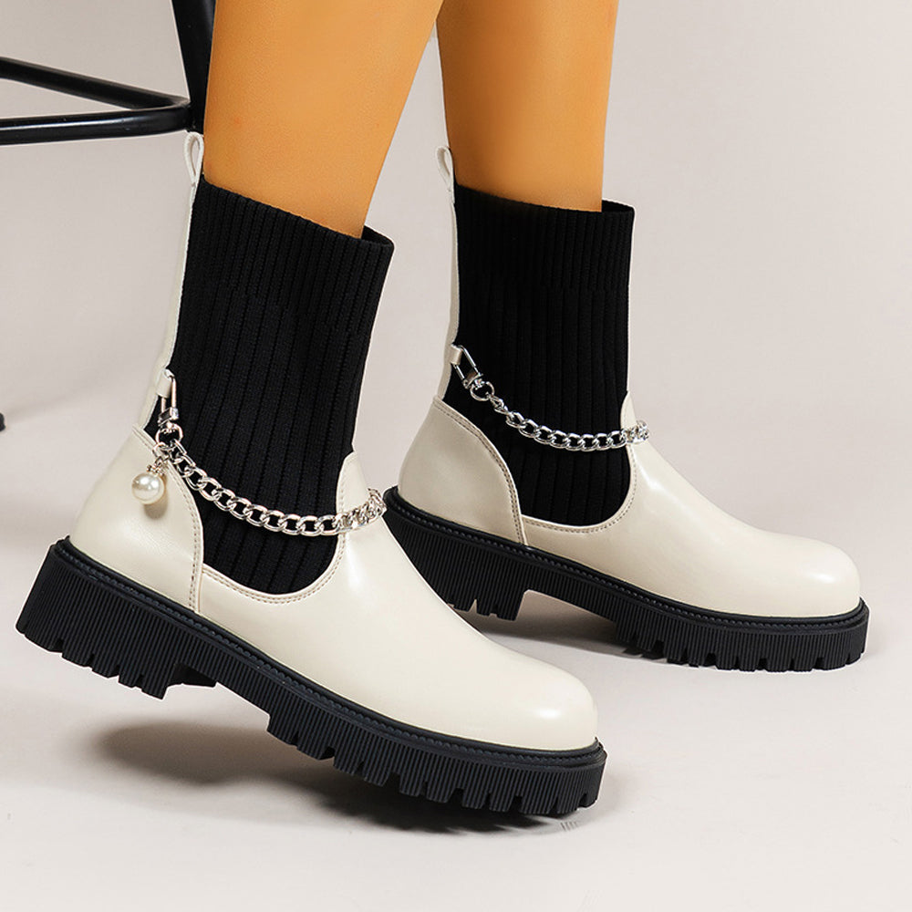Damskie dzianinowe botki z łańcuszkiem na średnim obcasie jesień i zima nowość