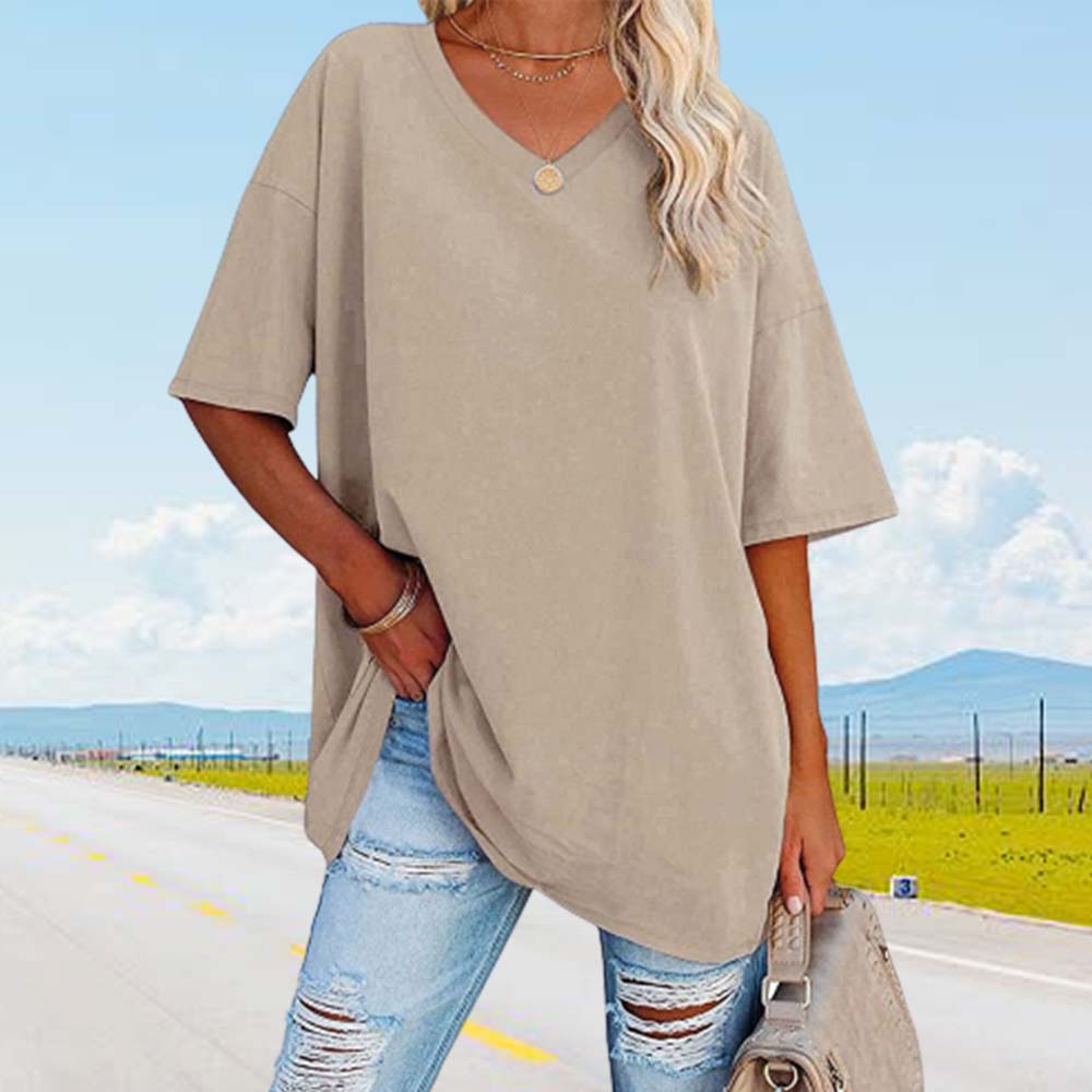 Lodowylabedz Nowy luźny bawełniany top z pół rękawami i dekoltem w szpic