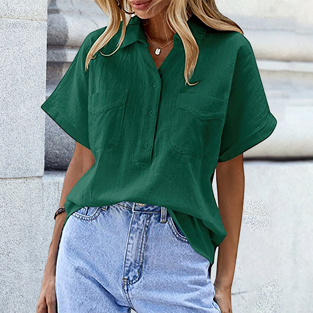 Lodowylabedz Nowa luźna lniana koszula z krótkim rękawem jednokolorowa z podwójną kieszenią