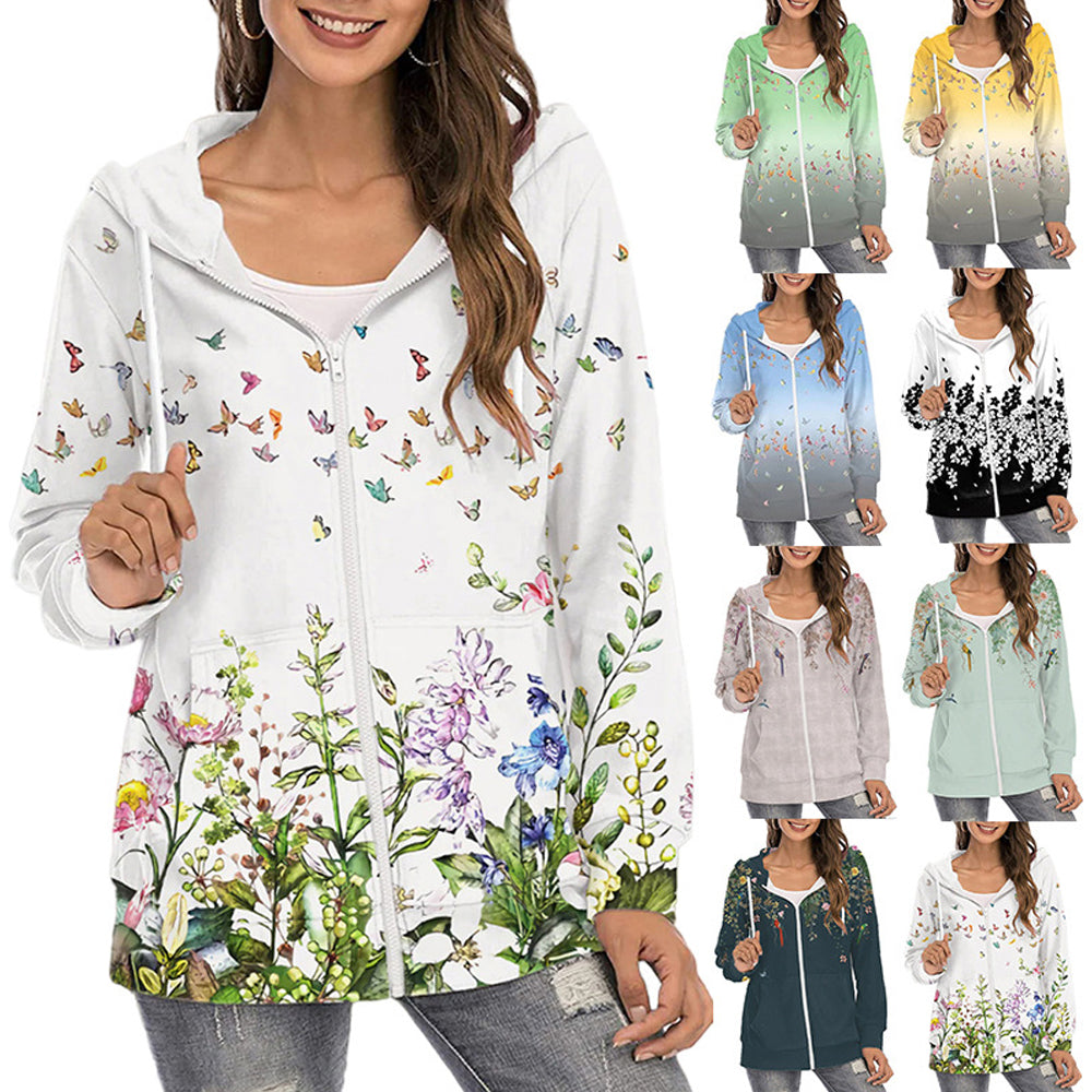 Nowy jesienno-zimowy damski sweter z kapturem z nadrukiem na zamek błyskawiczny