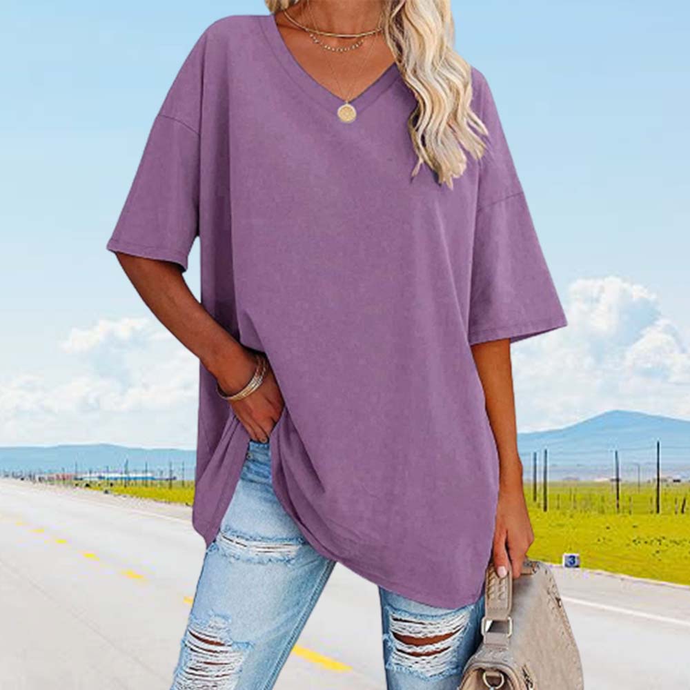 Lodowylabedz Nowy luźny bawełniany top z pół rękawami i dekoltem w szpic