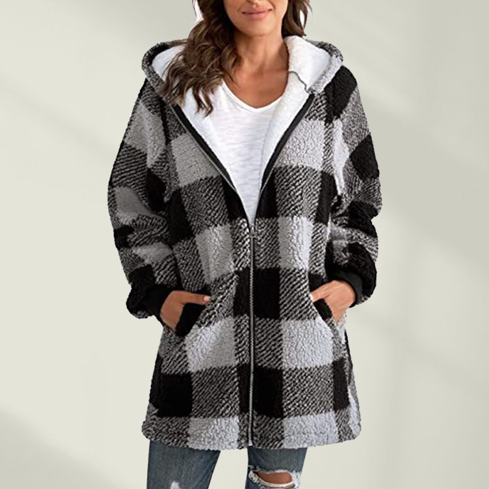 Jesienna i zimowa nowa kurtka w kratkę z kapturem, luźna kurtka damska na co dzień