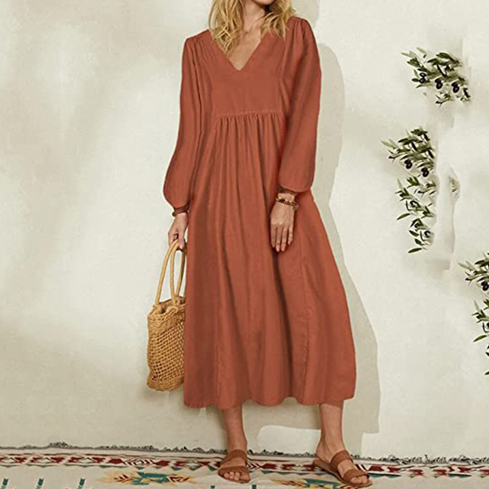 Lodowylabedz Nowa luźna sukienka z długimi rękawami z bawełny i lnu z dekoltem w szpic