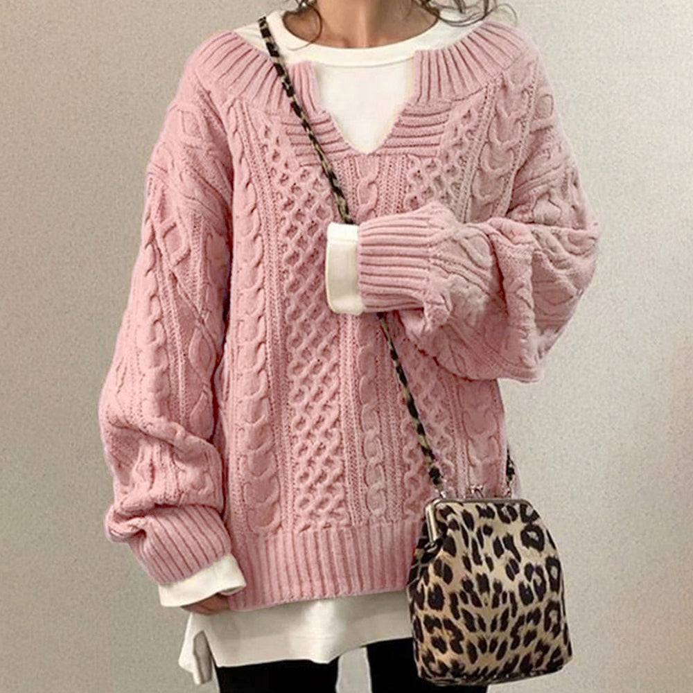 Damski nowy jesienno-zimowy sweter z dekoltem w serek i dzianinowym sweterkiem